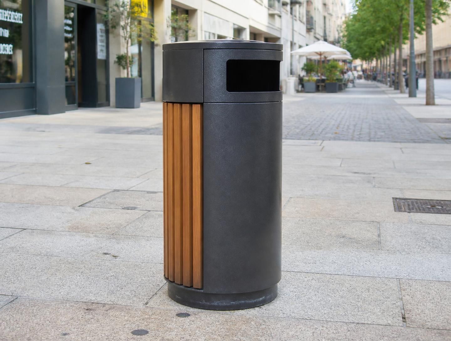 Papelera urbana de acero verde en una calle peatonal europea
